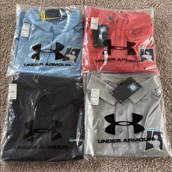 Men’s large NCAA Baseball Under Armour Polo Shirt Set - Blue, Red, Black, Gray